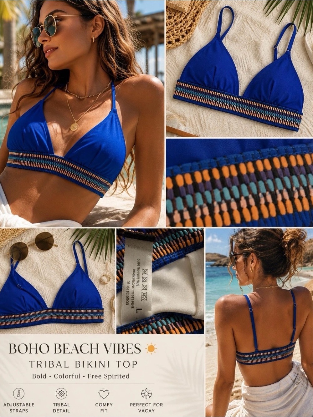 Blue Triangle Bikini Top Womens Large Tribal Boho Resort Beach Festival Swimwear